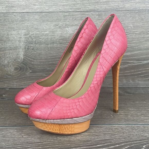 Brian Atwood Bffontanne Pink Leather Snakeskin Women’s Sz 7.5 Platform Heels - Picture 3 of 12